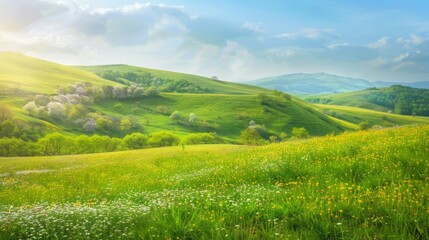 Fototapeta premium Panoramic Landscape of Green Hills with Blossoming Flowers