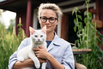 A blonde woman in glasses holding a white cat