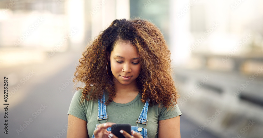 Poster woman, road and browsing internet on smartphone for social media, communication and networking. fema
