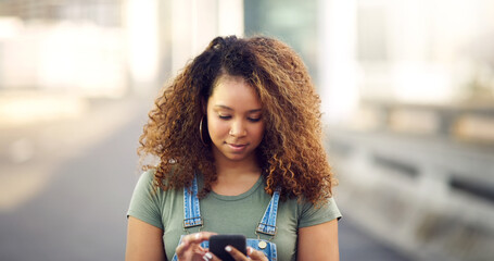 Woman, road and browsing internet on smartphone for social media, communication and networking....