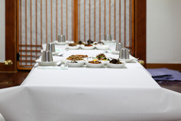 View of the table settings in the Korean-style restaurant