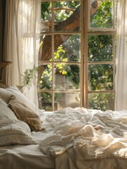 Sunlit View of Trees and Garden Outside in a Serene Bedroom Retreat