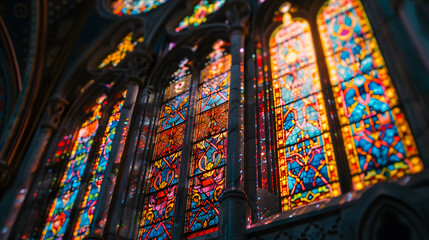 A stained glass window with many different colored pieces
