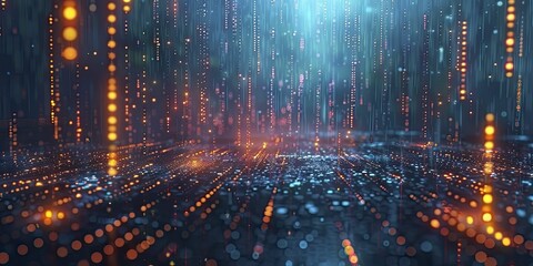 Obraz premium Economic downturn visualized through digital rain of falling stocks, wide view with matrix-like falling numbers and dark background, minimal style