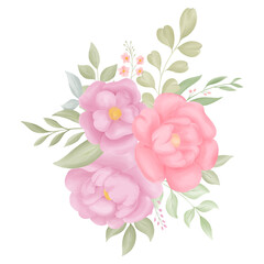 bouquet of pink and purple flowers with green leaves