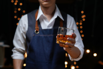 Bartender Serve Whiskey, on wood bar, 