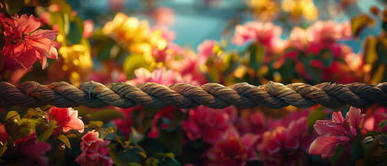 A rope is tied to a tree with a bunch of flowers growing around it - Powered by Adobe