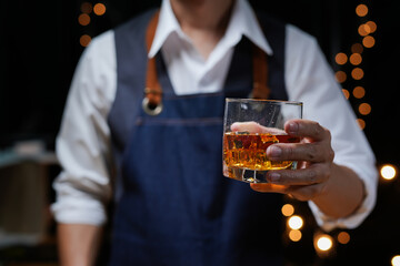 Bartender Serve beer, on wood bar, 