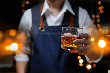 Bartender Serve Whiskey, on wood bar, 
