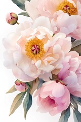 Watercolor peony bouquet isolated on white background. Floral composition for Mother's Day, wedding, birthday, Easter, Valentine's Day, greeting card, wallpaper, print. Pastel colors