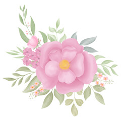 flower arrangement with pink flowers and green leaves