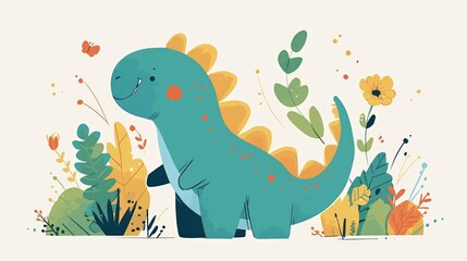 Obraz premium An adorable and amusing cartoon illustration of a brightly colored prehistoric dinosaur designed to bring joy and laughter to children stands alone in its charming simplicity