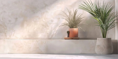 white empty room with shadow plant on white wall, empty white marble stone counter table top with shadow , beige brown stucco cement luxury wall for product display presentation