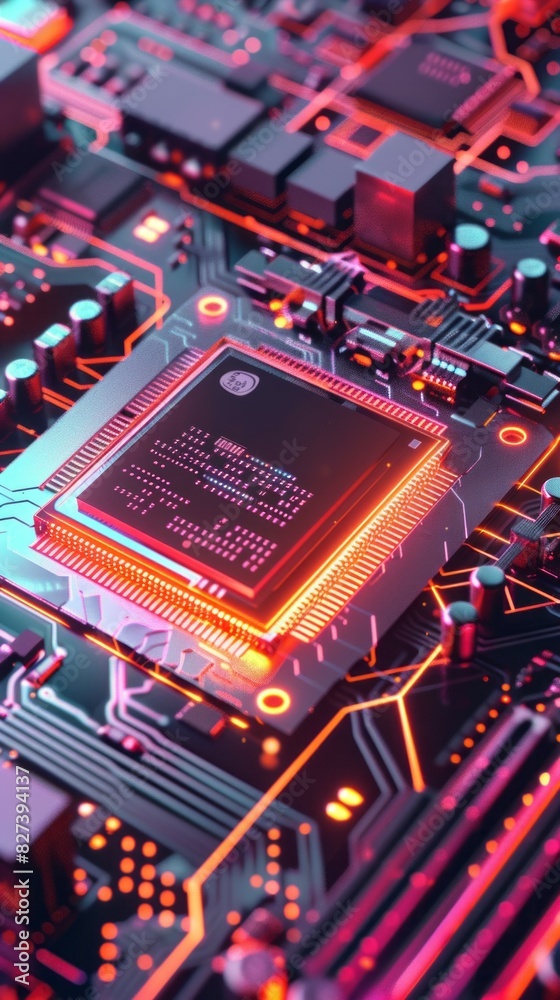 Poster a computer chip is lit up in a neon color