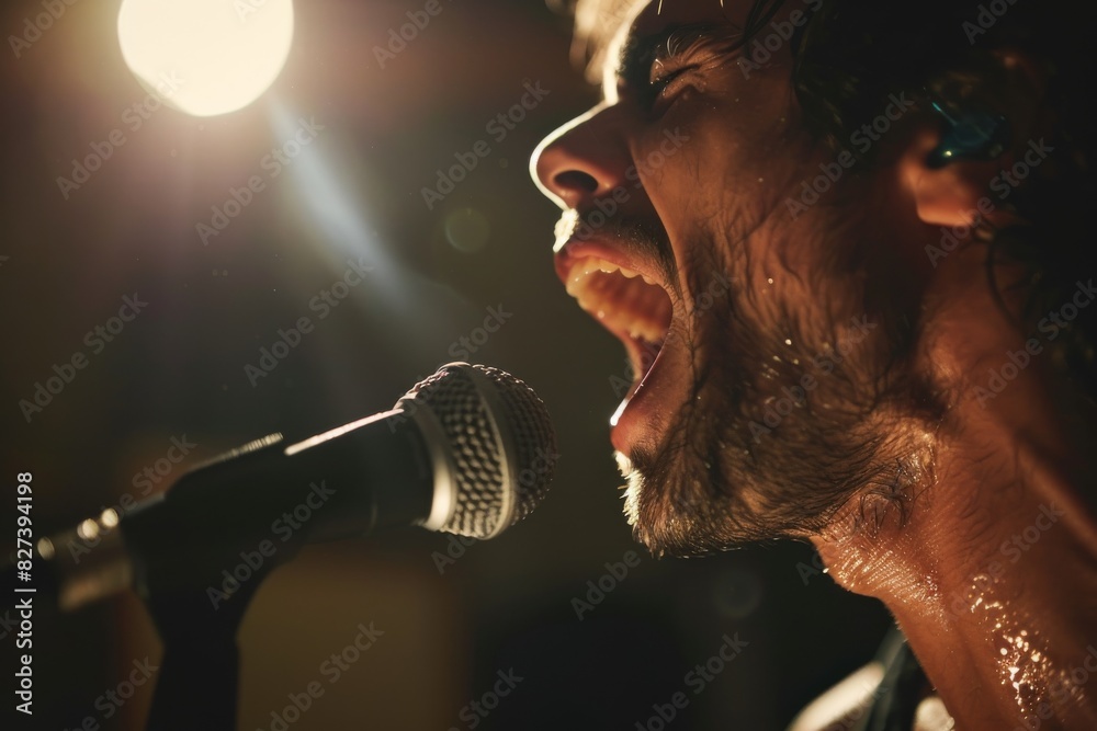 Poster a musician is captured mid-performance with the spotlight highlighting them and the microphone