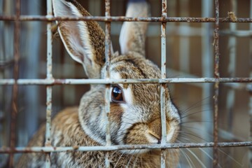 A close-up of a rabbit behind bars, with a focus on its face, evoking feelings of captivity and desire for freedom