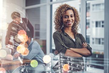 Business woman, office and city double exposure with portrait and job confidence with arms crossed. Company, urban building with public relations employee and smile with happy staff with bokeh