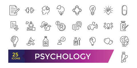 Psychology icons collection. Set of mental, session, help, psychoanalysis, emotions icons. UI icon set. Thin outline icons pack.