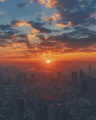 Fototapeta premium New dawn rises, bringing hope to the world of finance, wide shot of sunrise over cityscape, illuminating the skyline.