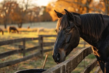 An elegant black horse gazes out across the pasture with other horses, against a dawn backdrop