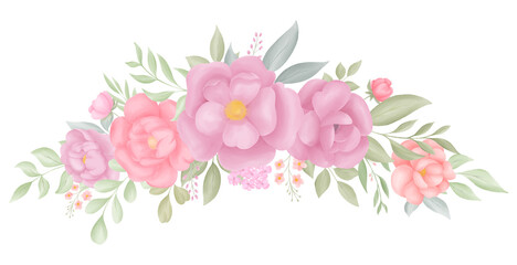 flower arrangement with pink flowers and green leaves