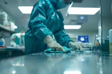 A healthcare professional is wiping a surface in a laboratory setting, ensuring a sterile environment