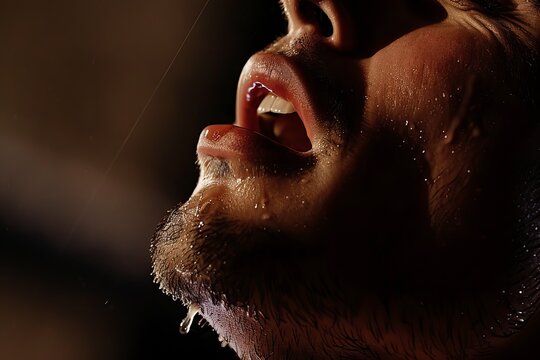 An intimate snippet of a male singer performing, focusing on the details of mouth and facial hair