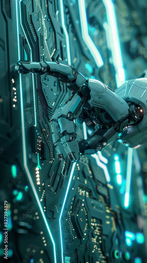 Poster a robot is reaching out to touch a wall of circuitry