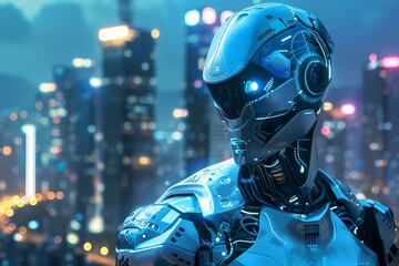 Futuristic Robot Character in Cityscape