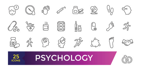 Psychology icons collection. Set of mental, session, help, psychoanalysis, emotions icons. UI icon set. Thin outline icons pack.
