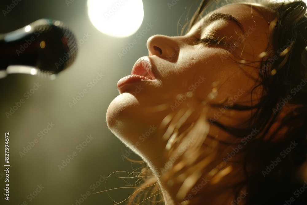 Poster a detailed capture of a microphone with a defocused silhouette of a singer behind it