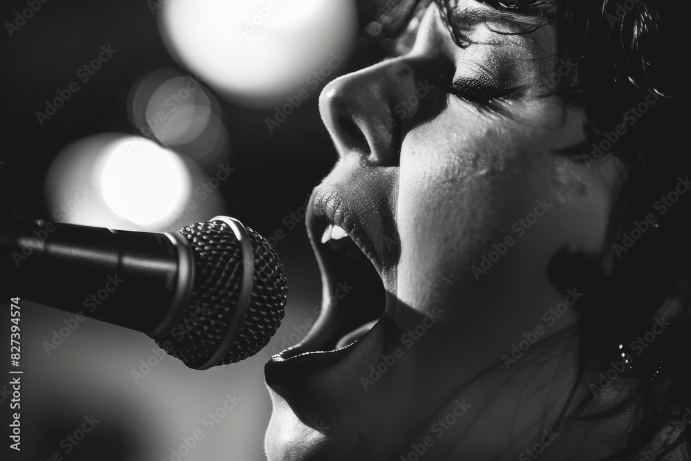 Poster Intense monochromatic image of a singer at a microphone during a performance
