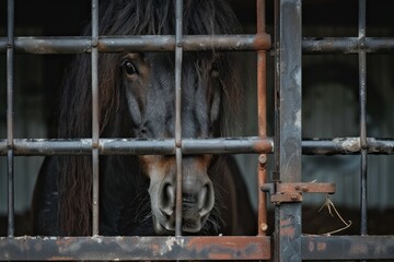 A captivating horse peers through metal bars, showcasing eyes full of expression and a rustic stable setting
