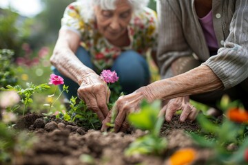 Fototapeta premium Couple of seniors planting colorful flowers in a garden, focusing intently on their task with hands in the soil