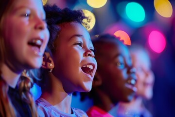 Diverse group of children expressing delight and singing along at a concert under colorful stage lights