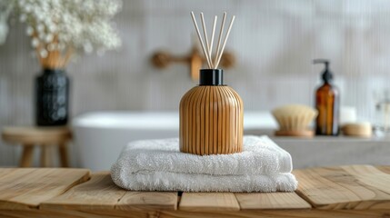 top of wooden bench against white bathroom background