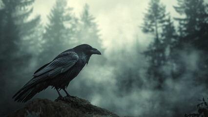 Naklejka premium Black raven posing in front of a misty foggy pine forest