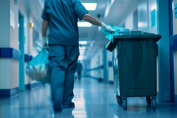 Hospital worker in scrubs transporting a large trash bin down a hallway