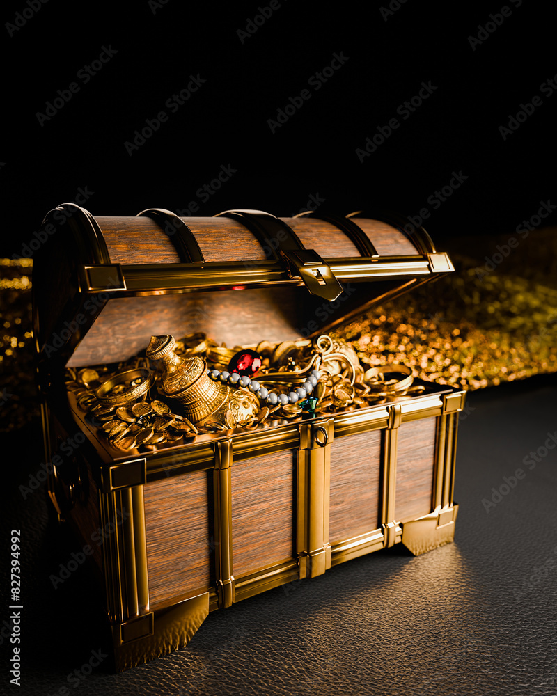 Wall mural ancient treasures made of gold Packed in a retro treasure chest. Pirate treasure made of wood. Gold Medal and Golden Jug. 3d rendering.