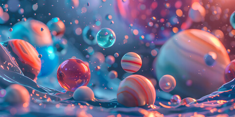 Playful Floating Bubbles Space abstract macro background of oil mixed with water on colorful gradient.