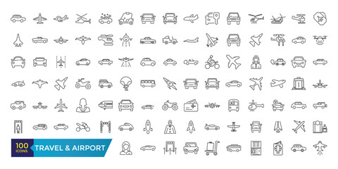 Travel and Airport line icon set. Contains linear outline icons like Plane, Ticket, Baggage, Transport, Luggage, Airplane. Editable vector illustration.