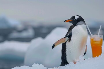 Fototapeta premium Image features a penguin standing next to a cocktail glass in a snow-covered environment