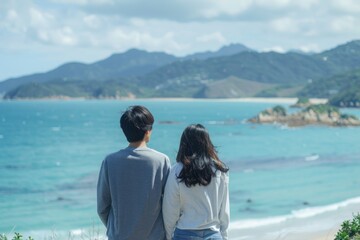 Young couple sits together overlooking a beautiful blue ocean and mountain landscape