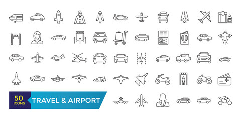 Travel and Airport line icon set. Contains linear outline icons like Plane, Ticket, Baggage, Transport, Luggage, Airplane. Editable vector illustration.
