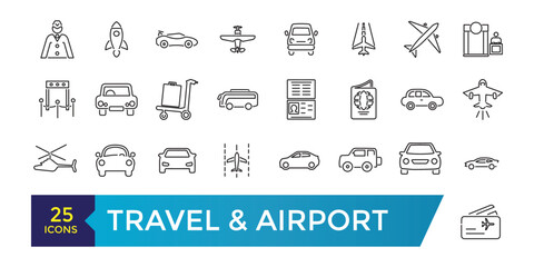 Travel and Airport line icon set. Contains linear outline icons like Plane, Ticket, Baggage, Transport, Luggage, Airplane. Editable vector illustration.
