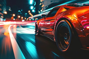 A high-speed sports car driving at night, Dynamic high-speed motion blur of a vibrant sports car on a city road, AI generated