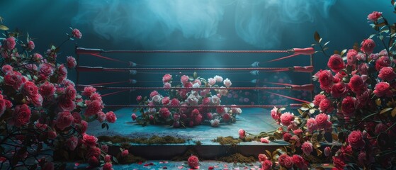 A boxing ring with a red rope in the middle and a bunch of flowers on the ground - Powered by Adobe