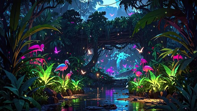 Colorful bioluminescence plants in forest, crystals and glowing path, fireflies, Pandora planet at night, blue and pink glow, epic landscape in background, hazy planet in the sky