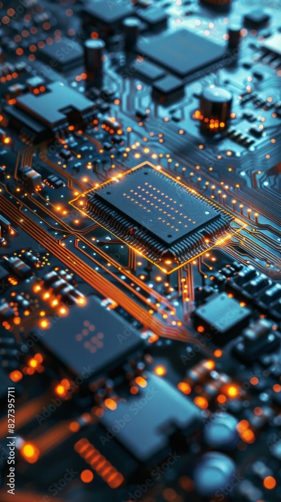 Poster a close up of a computer chip with a lot of lights on it