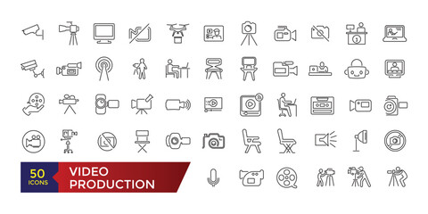 Video production line icon set. Animation music and movie editing. Vector set designs line images film production collection.